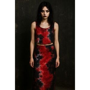 Say Anything Women's L Tie Dye Crop Tank & Maxi Skirt Set Red Black Stretch USA
